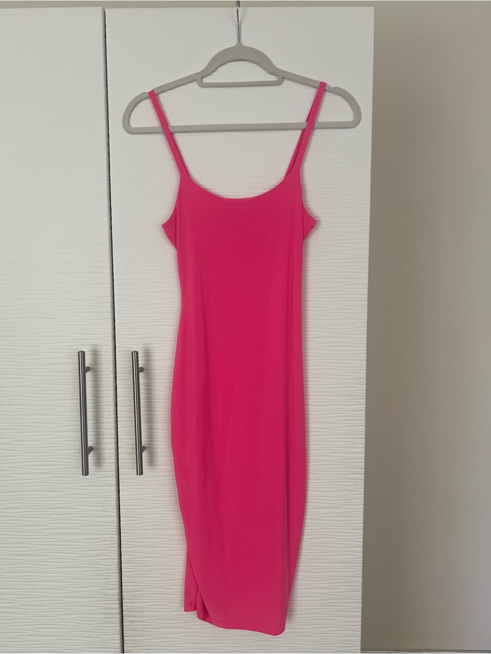 Sleek Hot Pink Midi Slip Dress with Spaghetti Straps